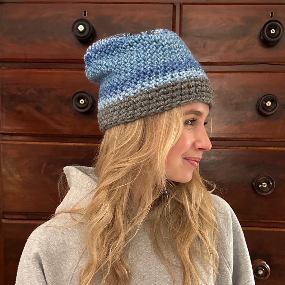 Blue and Gray Hand Knit Beanie